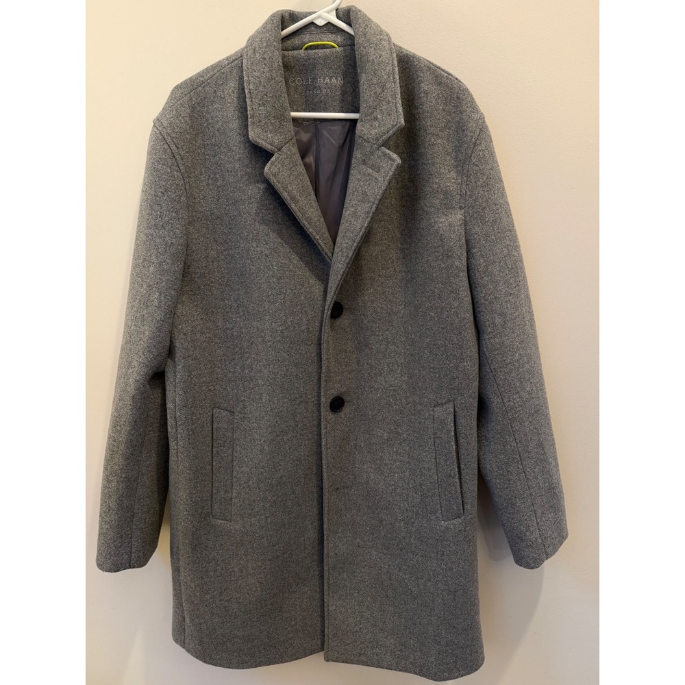 Cole Haan Grand OS Mens Gray Wool Blend Car Coat Jacket Size Large Notch Lapel